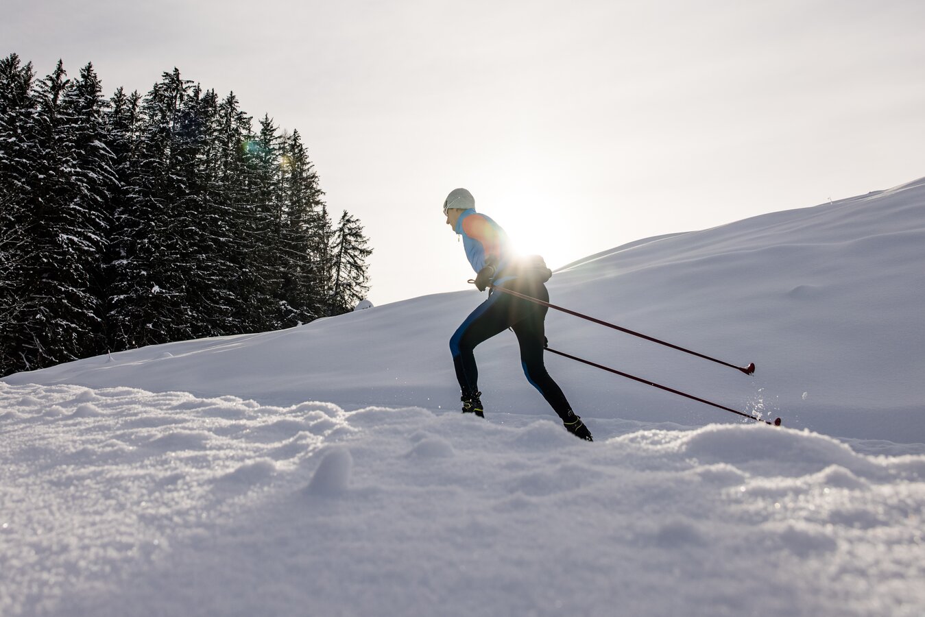 Ein Langläufer im Schnee vor einem Waldstück.